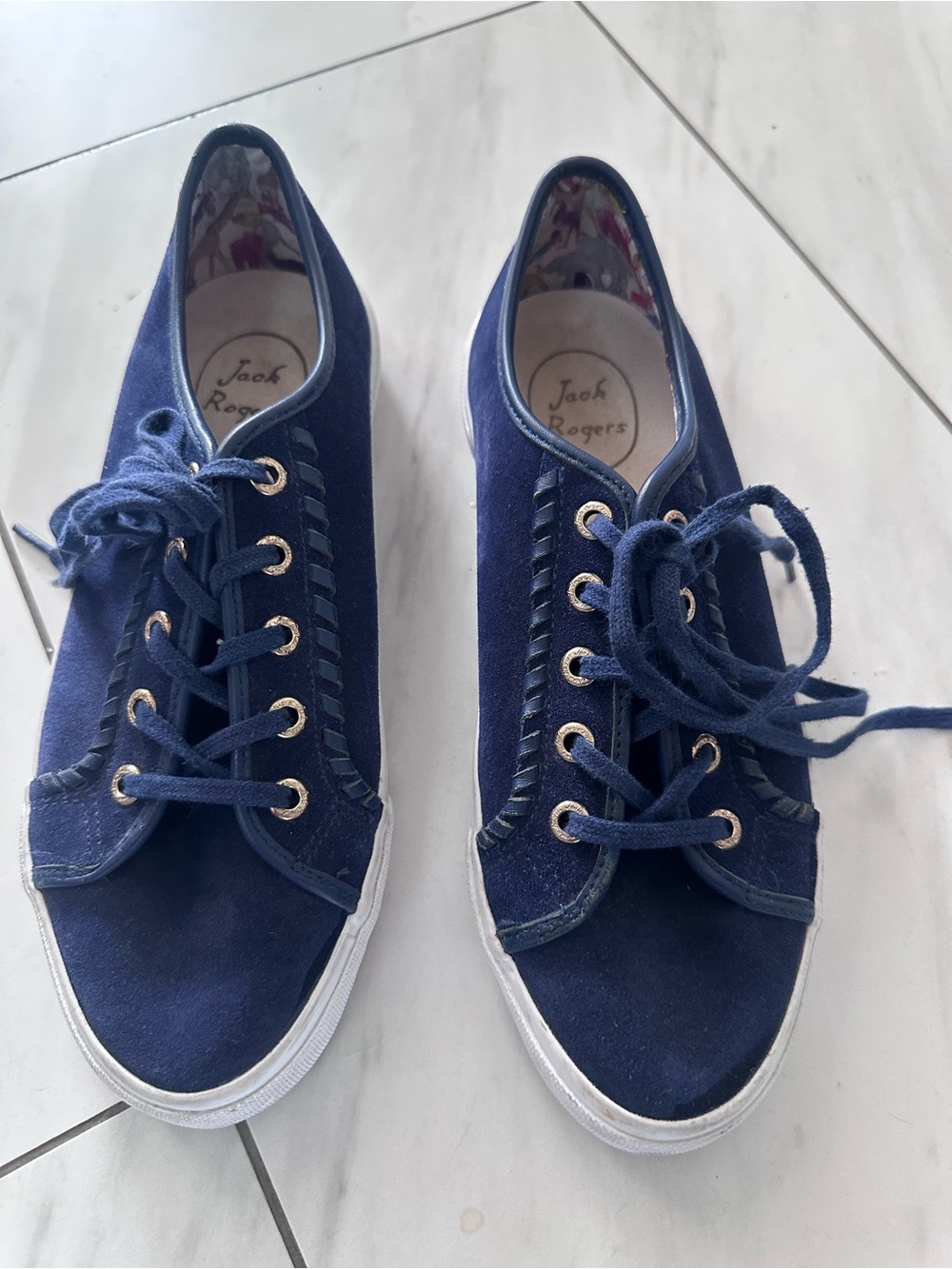 Jack Rogers Navy Suede Lace-Up Women’s Sneakers with Gold Eyelets size 8